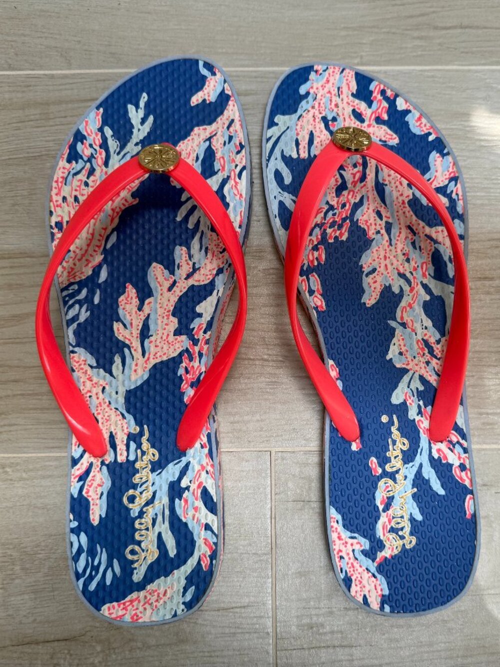 Lilly Pulitzer Borealis Blue Swim Over Coral Flip Flop Size 9/10
